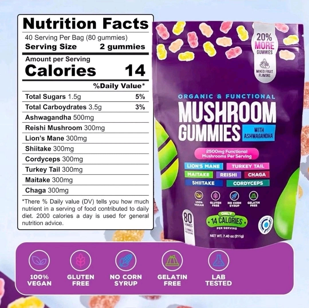 Mushroom Gummies 2500mg 80 vegan with Lion's Mane Ashwaghanda