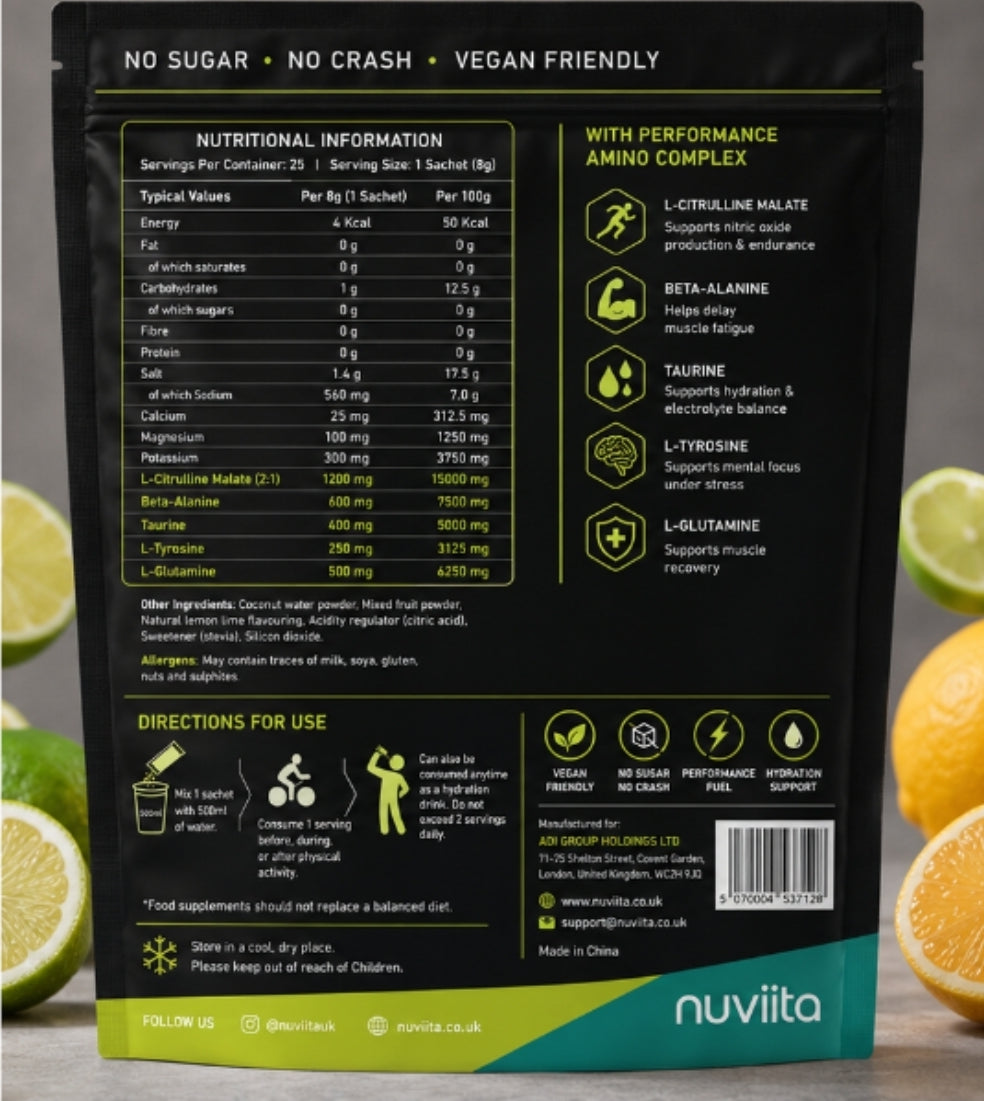 Nuviita Performance Electrolytes – Hydration Powder with Amino Complex | 25 Sachets, Sugar-Free, Vegan