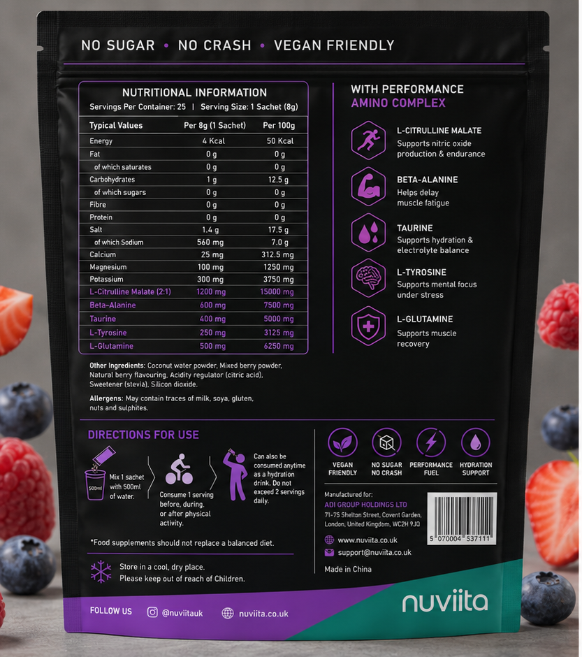 Nuviita Summer Berries Electrolytes nutritional information and directions for use