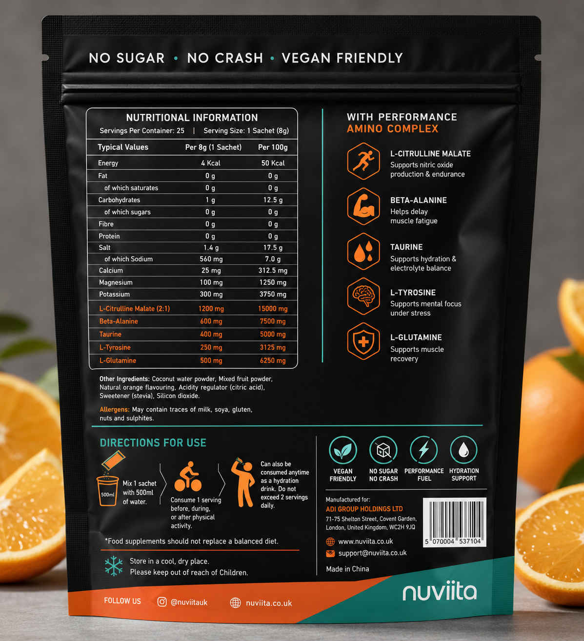 Nuviita Performance Electrolytes – Hydration Powder with Amino Complex | 25 Sachets, Sugar-Free, Vegan